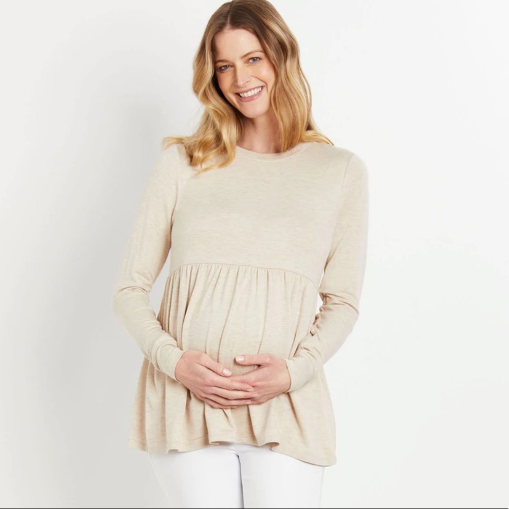 Peplum Crew Neck Maternity Top - Oatmeal - Picture 4 of 4